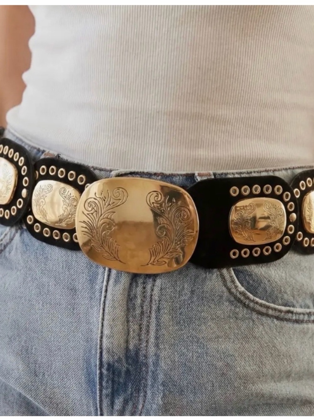 Gold Western Statement Belt with Black Suede Strap